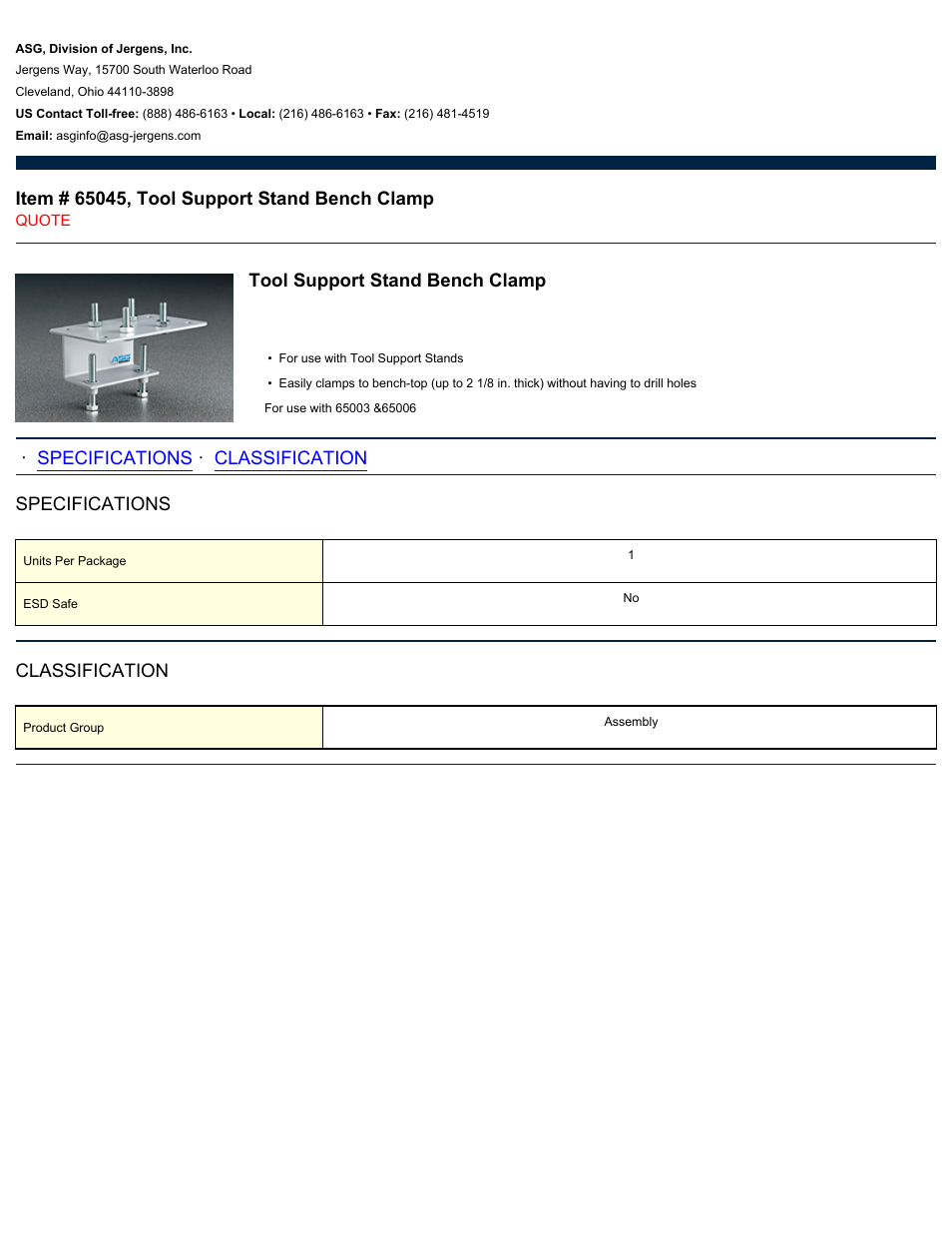 ASG Jergens 65045 Tool Support Stand Bench Clamp User Manual | 1 page