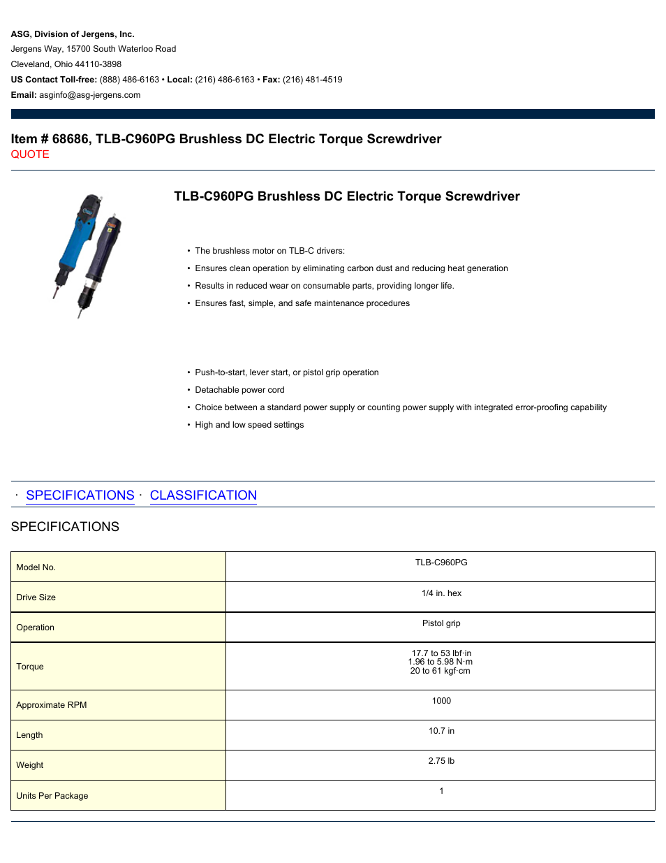 ASG Jergens 68686 TLB-C960PG User Manual | 2 pages