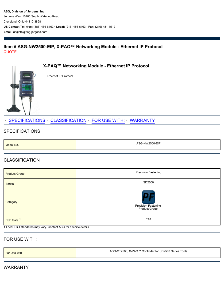 ASG Jergens ASG-NW2500-EIP Networking Module - Ethernet IP Protocol User Manual | 2 pages