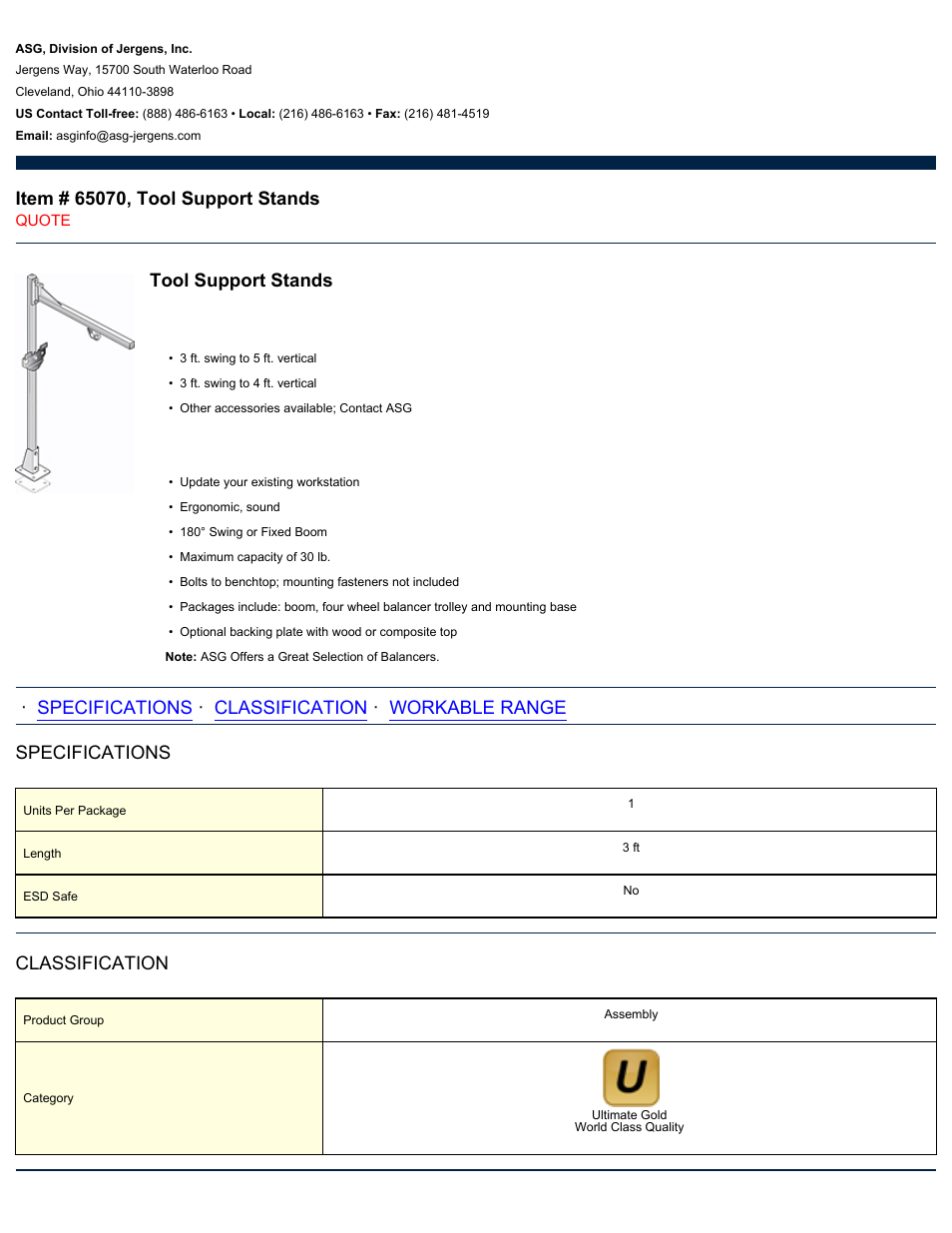 ASG Jergens 65070 Tool Support Stands User Manual | 2 pages