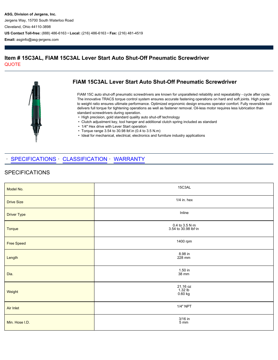 ASG Jergens 15C3AL User Manual | 2 pages