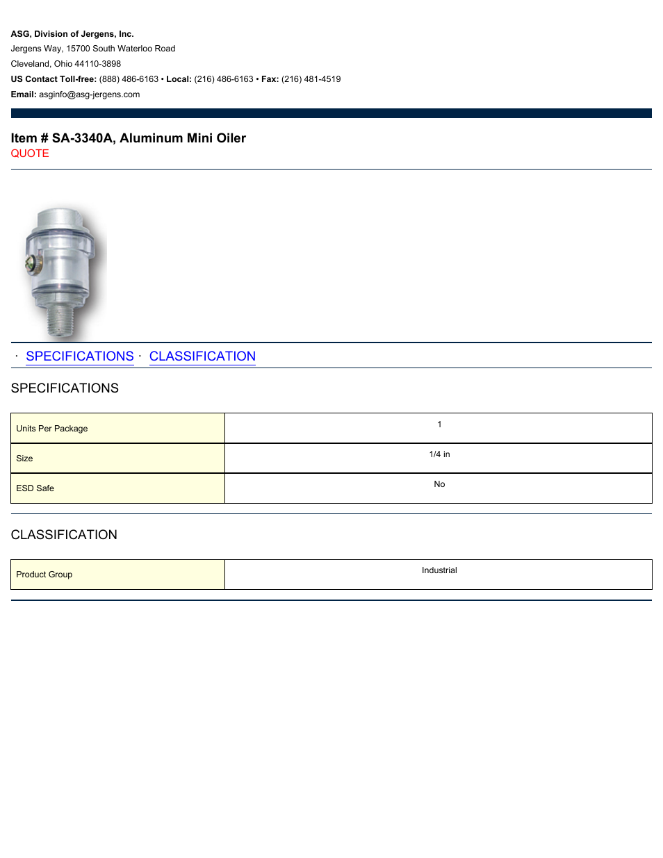 ASG Jergens SA-3340A Aluminum Mini Oiler User Manual | 1 page