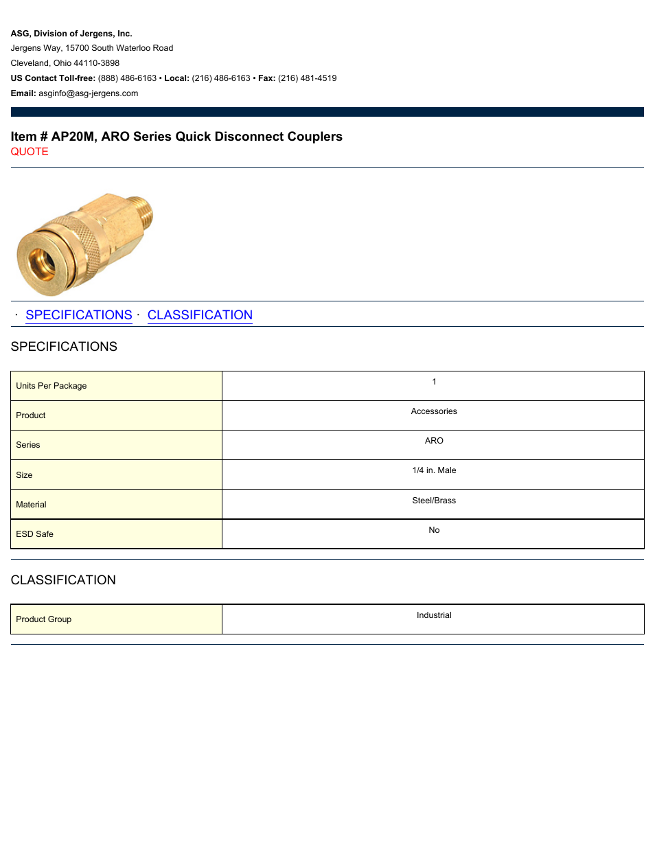 ASG Jergens AP20M ARO Series Quick Disconnect Couplers User Manual | 1 page