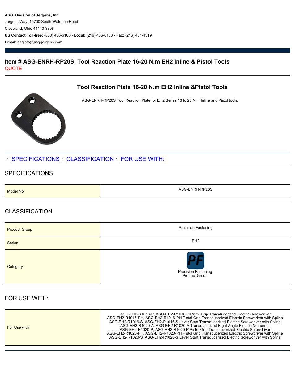 ASG Jergens ASG-ENRH-RP20S Tool Reaction Plate User Manual | 1 page