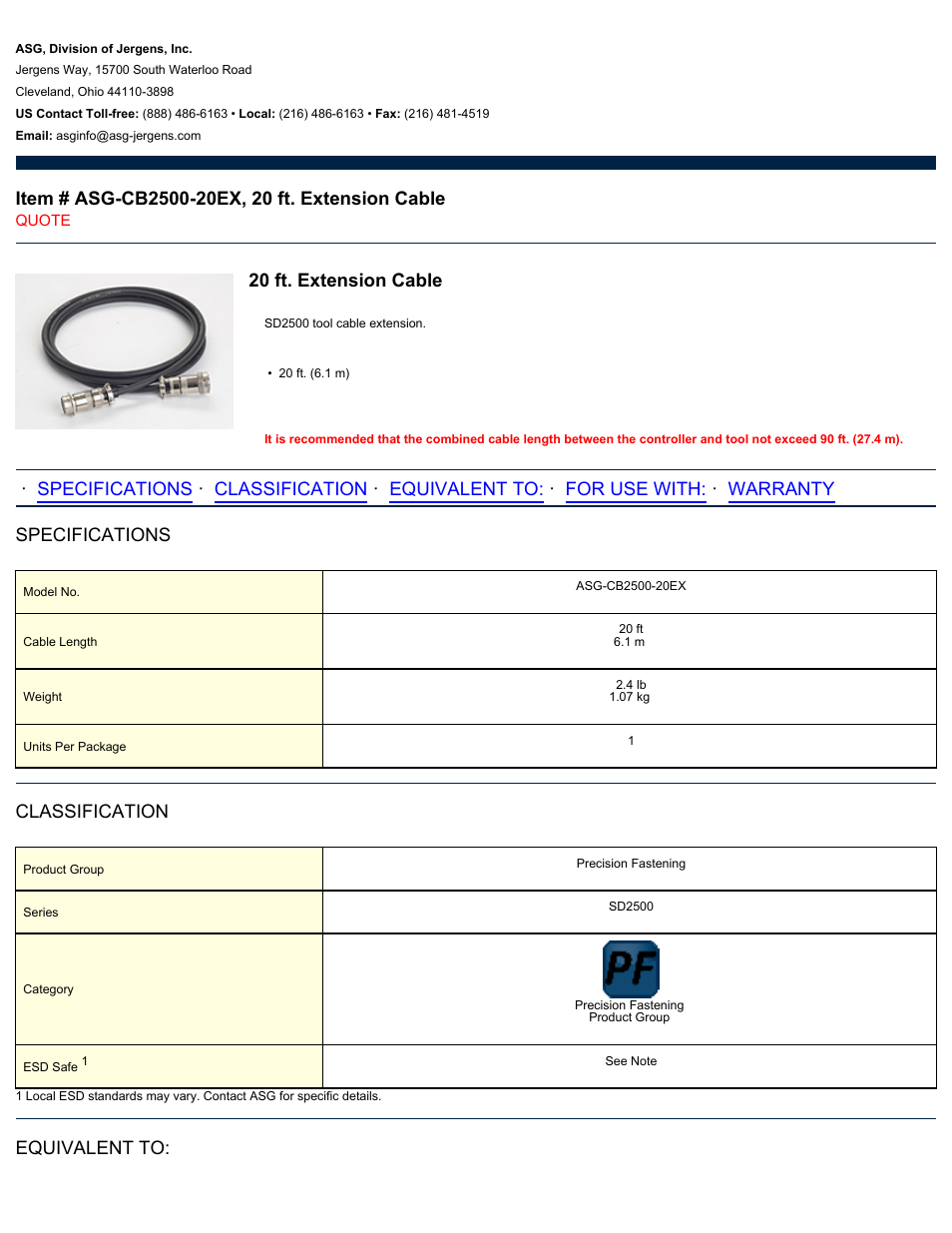 ASG Jergens ASG-CB2500-20EX Extension Cable User Manual | 2 pages