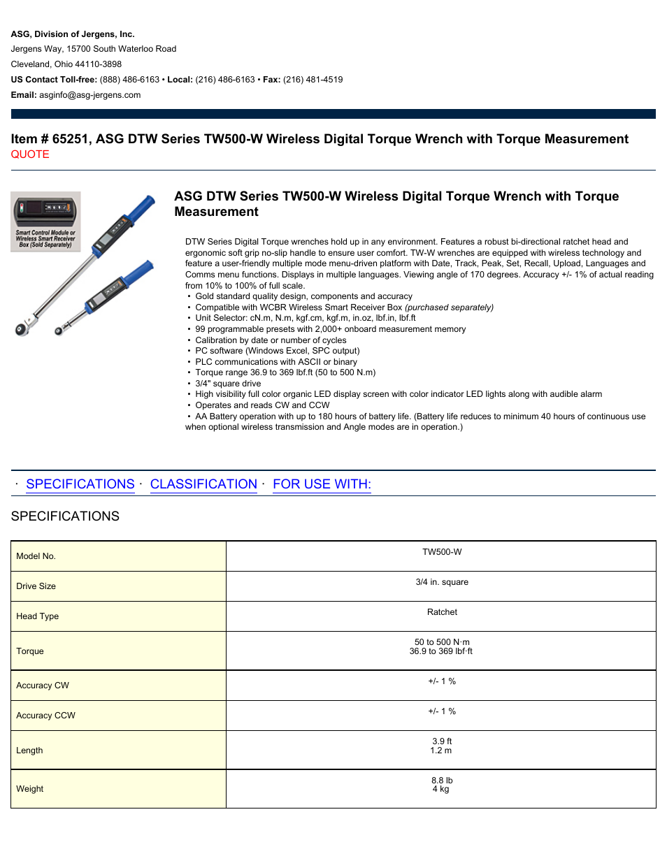 ASG Jergens 65251 TW500-W User Manual | 2 pages