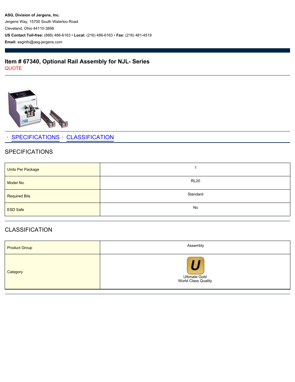 ASG Jergens 67340 Optional Rail Assembly for NJL- Series User Manual | 1 page