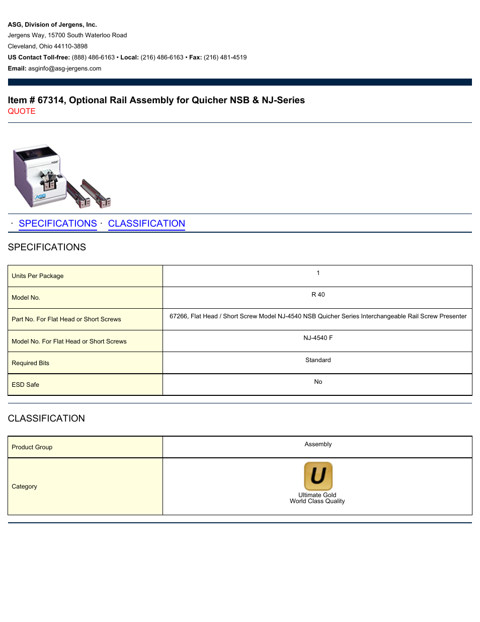 ASG Jergens 67314 Optional Rail Assembly for Quicher NSB & NJ-Series User Manual | 1 page