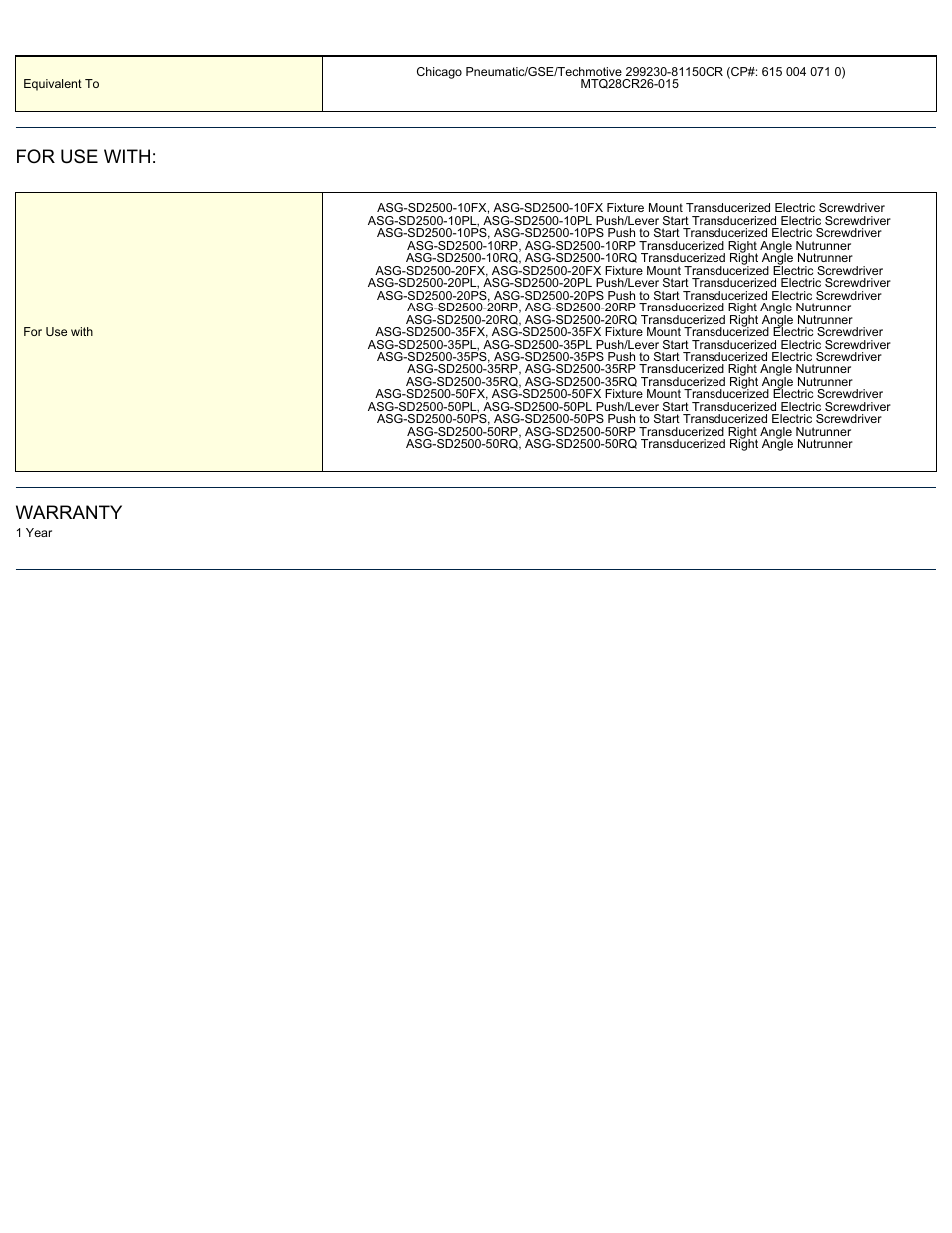 For use with, Warranty | ASG Jergens ASG-CB2500-15RA Tool Cable User Manual | Page 2 / 2