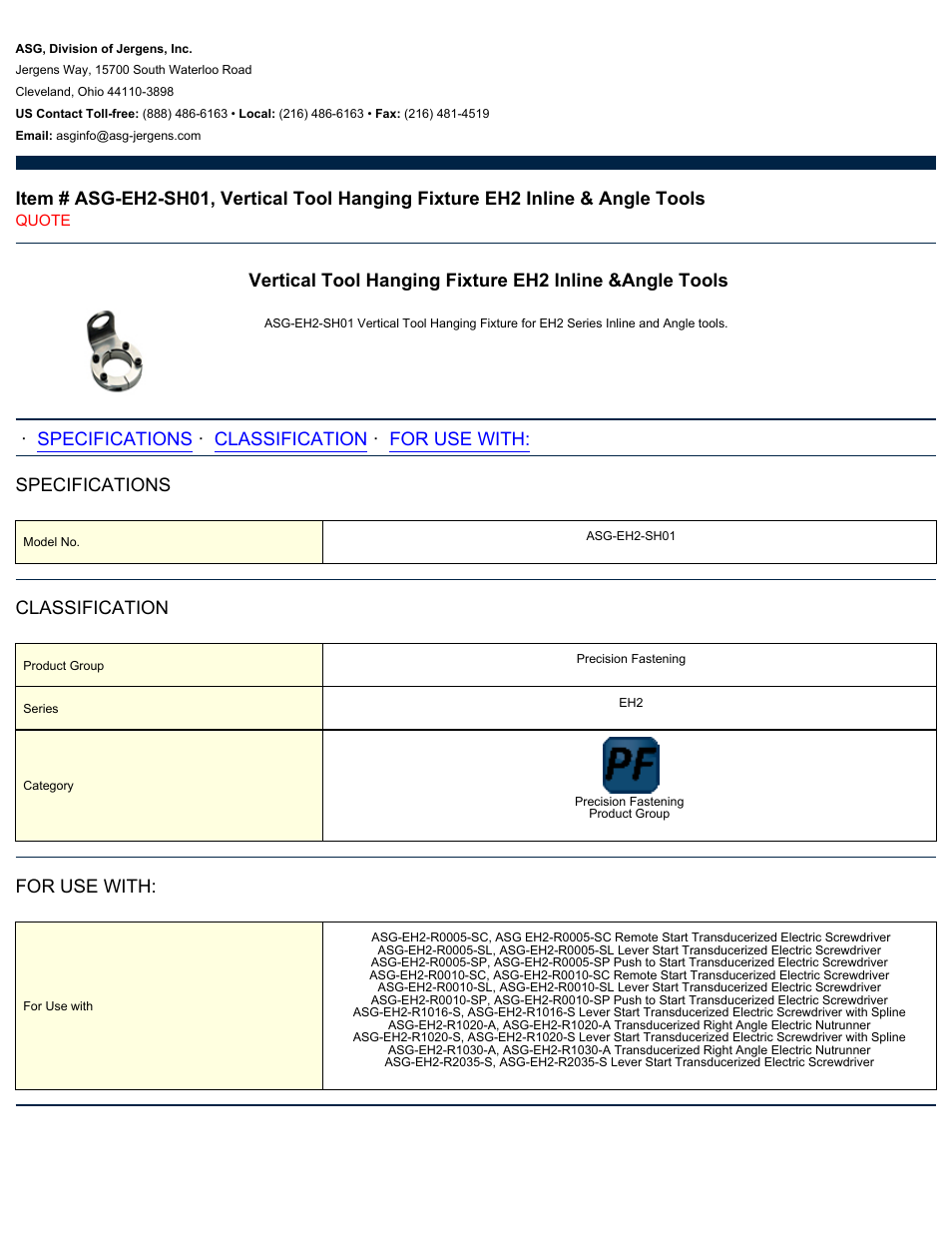 ASG Jergens ASG-EH2-SH01 Vertical Tool Hanging Fixture User Manual | 1 page