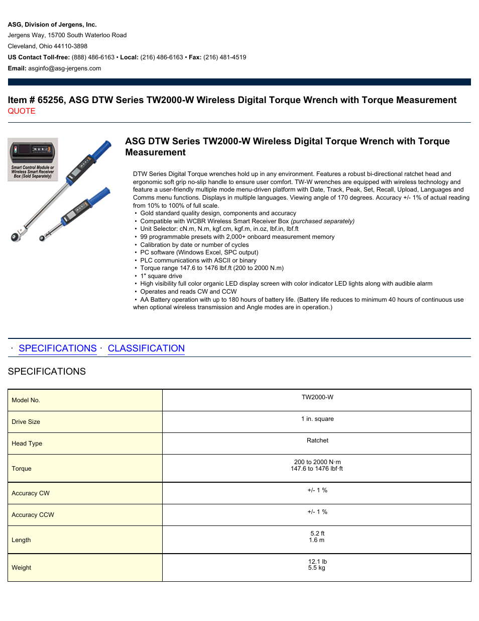 ASG Jergens 65256 TW2000-W User Manual | 2 pages