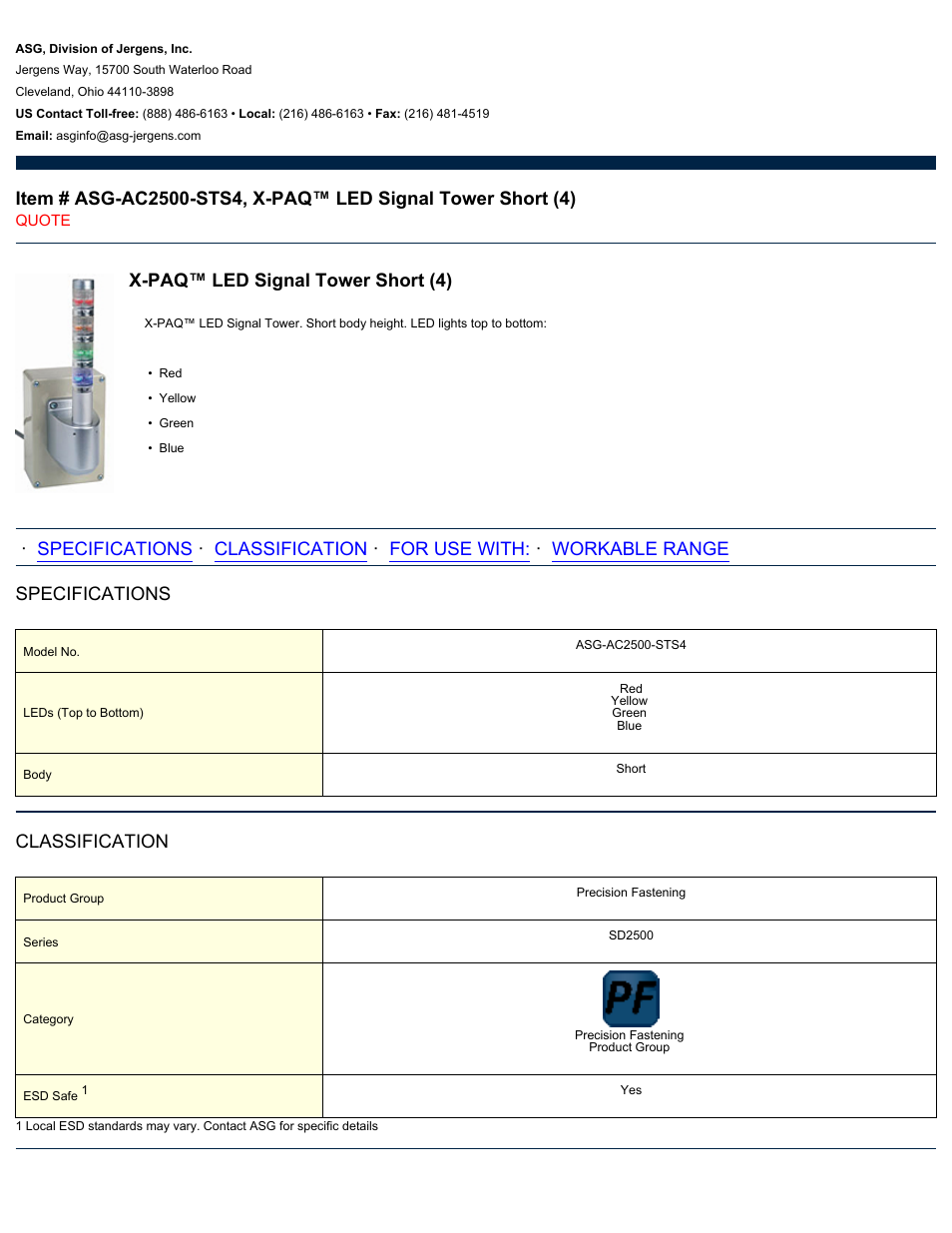 ASG Jergens ASG-AC2500-STS4 LED Signal Tower Short User Manual | 2 pages