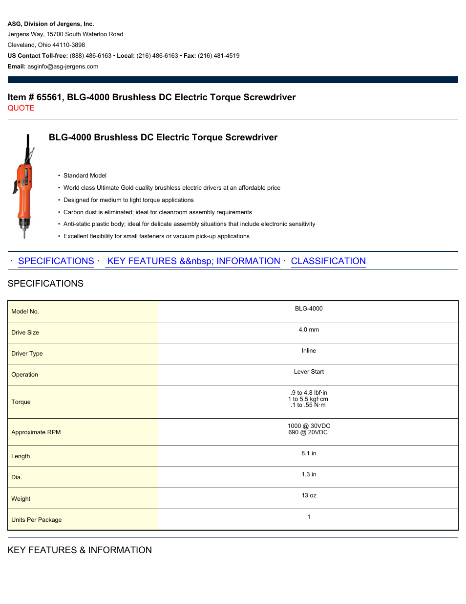 ASG Jergens 65561 BLG-4000 User Manual | 2 pages