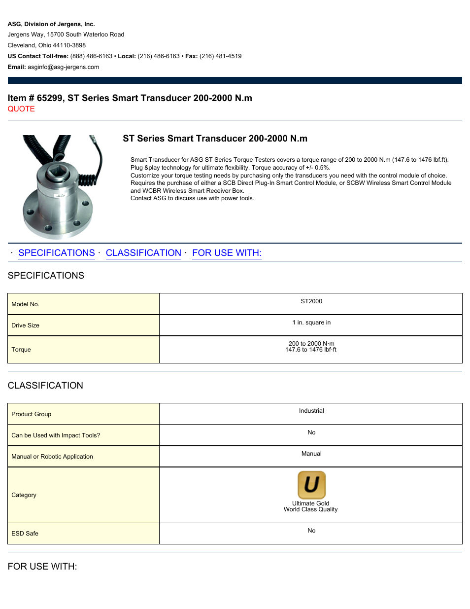 ASG Jergens 65299 ST Series Smart Transducer 200-2000 N.m User Manual | 2 pages