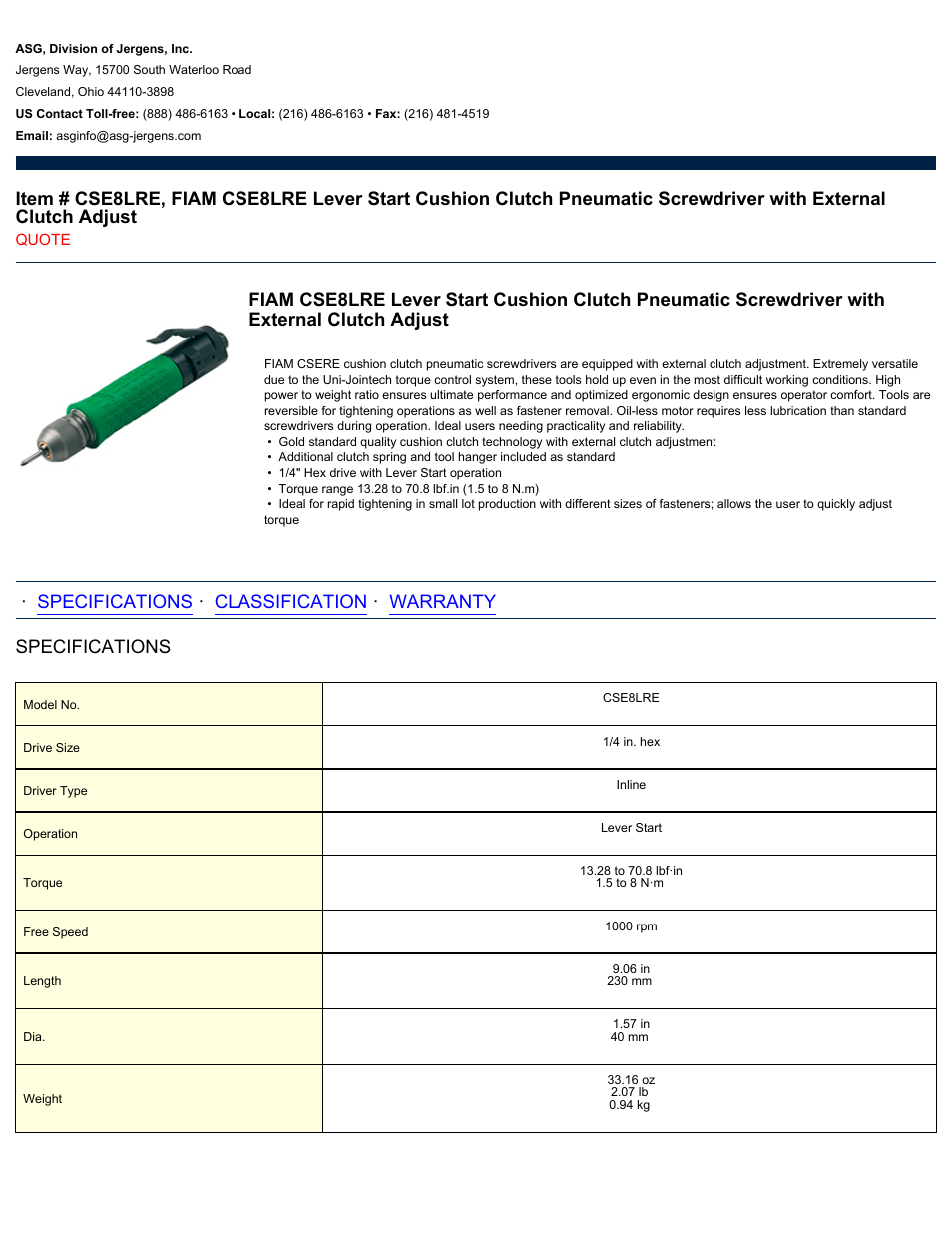 ASG Jergens CSE8LRE User Manual | 2 pages