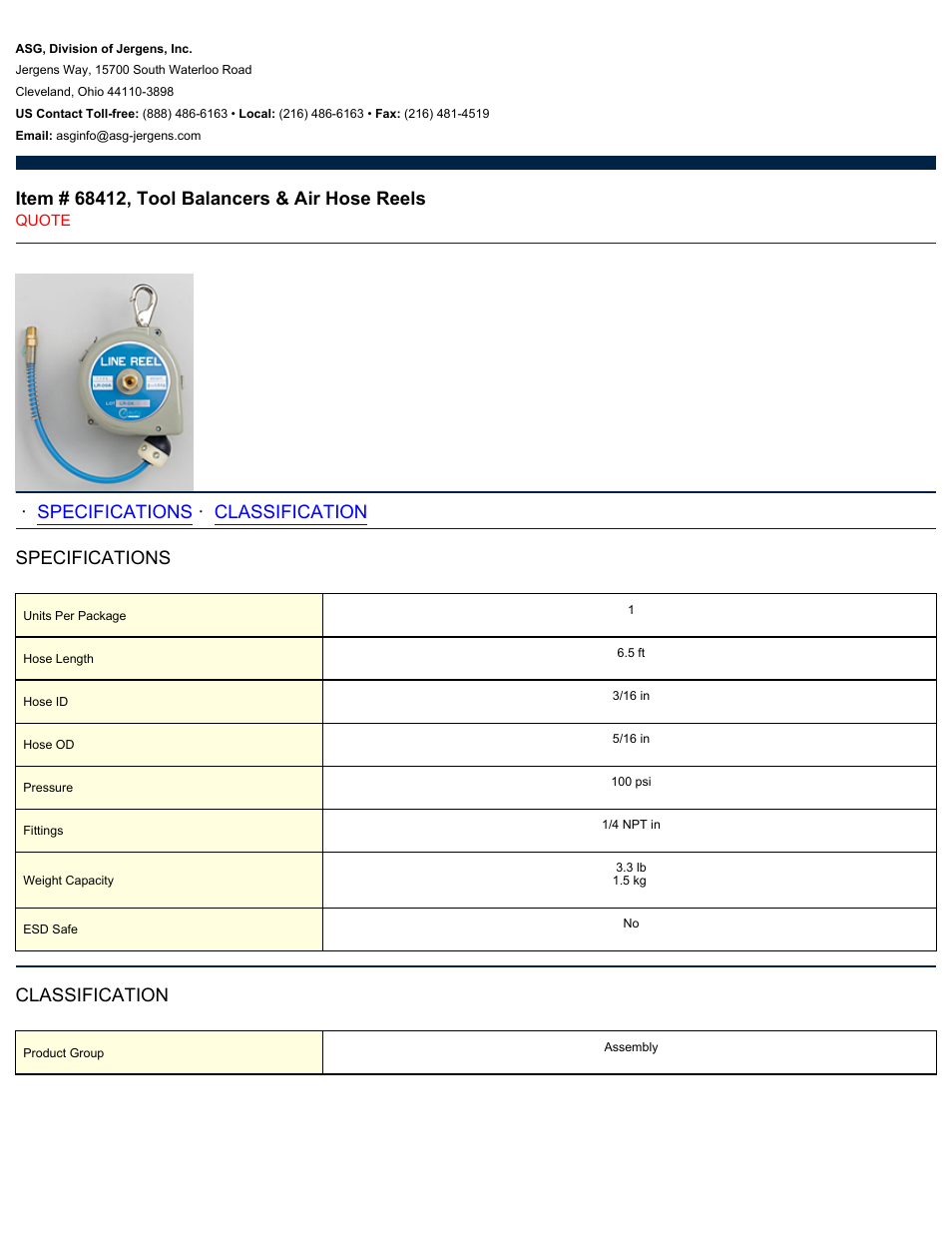 ASG Jergens 68412 Tool Balancers & Air Hose Reels User Manual | 2 pages