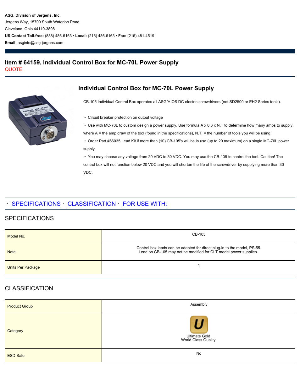 ASG Jergens 64159 CB-105 Individual Control Box for MC-70L Power Supply User Manual | 2 pages