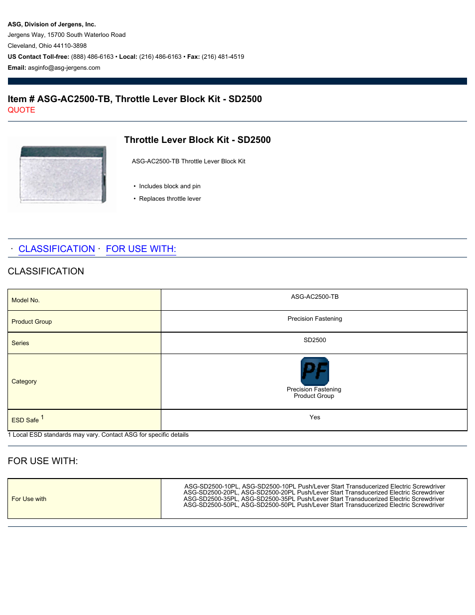 ASG Jergens ASG-AC2500-TB Throttle Lever Block Kit - SD2500 User Manual | 1 page