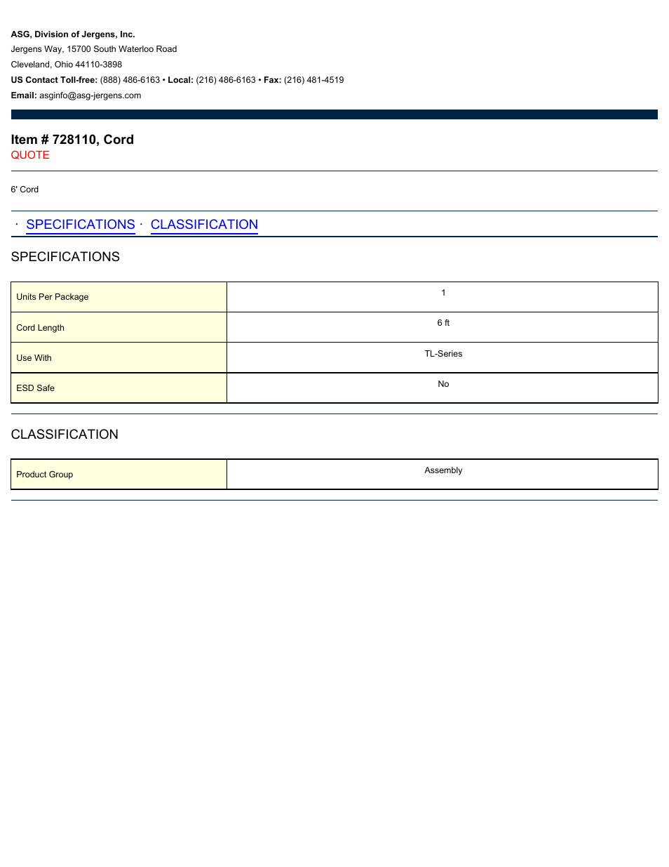 ASG Jergens 728110 Cord User Manual | 1 page
