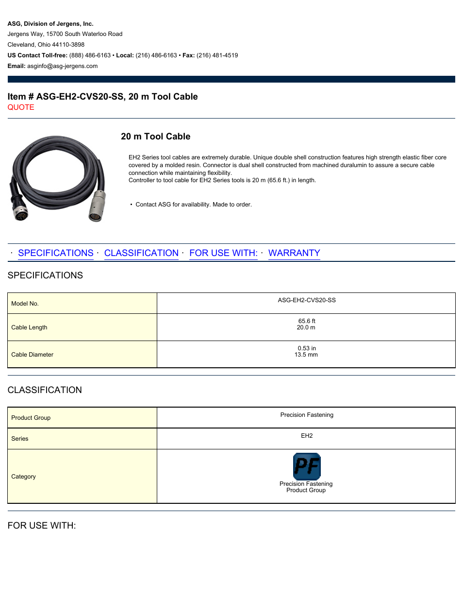 ASG Jergens ASG-EH2-CVS20-SS 20 m Tool Cable User Manual | 2 pages