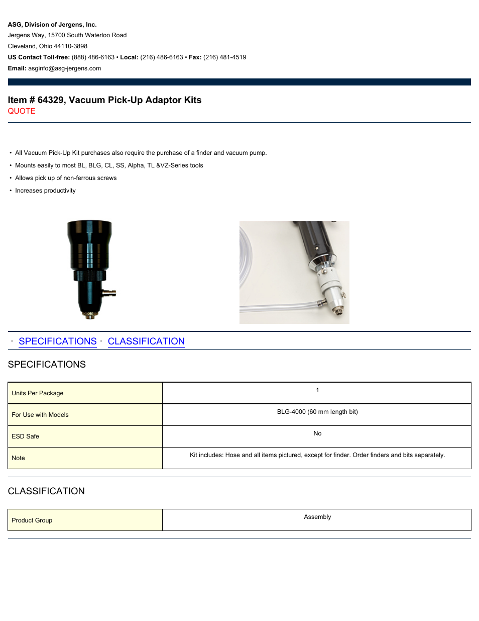 ASG Jergens 64329 Vacuum Pick-Up Adaptor Kits User Manual | 1 page