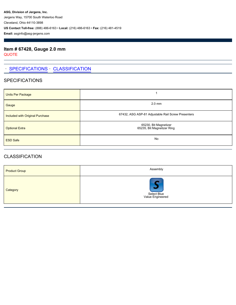 ASG Jergens 67428 Gauge 2.0 mm User Manual | 1 page