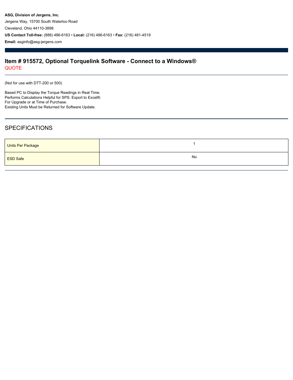 ASG Jergens 915572 Optional Torquelink Software - Connect to a Windows User Manual | 1 page