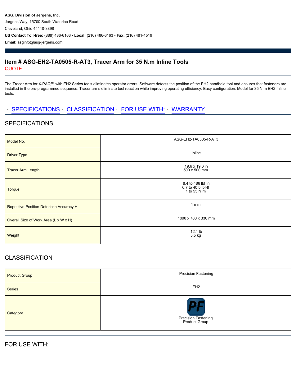 ASG Jergens ASG-EH2-TA0505-R-AT3 Tracer Arm for 35 N.m Inline Tools User Manual | 2 pages