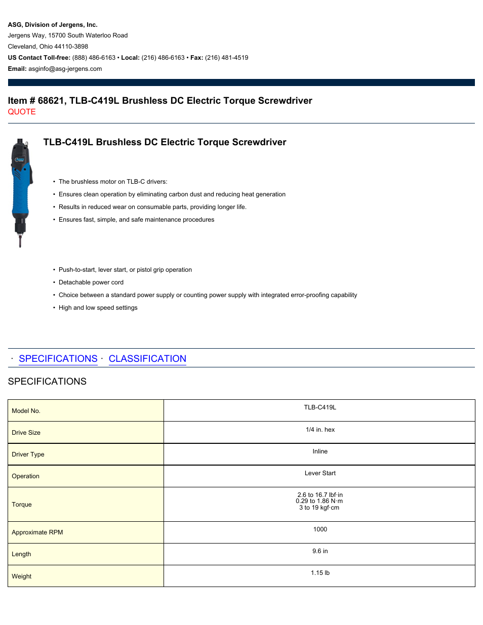 ASG Jergens 68621 TLB-C419L User Manual | 2 pages
