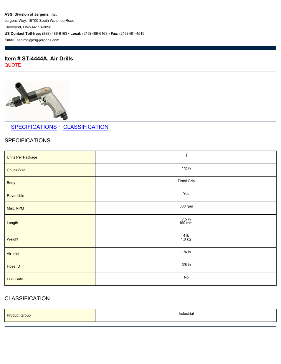 ASG Jergens ST-4444A Air Drill User Manual | 1 page