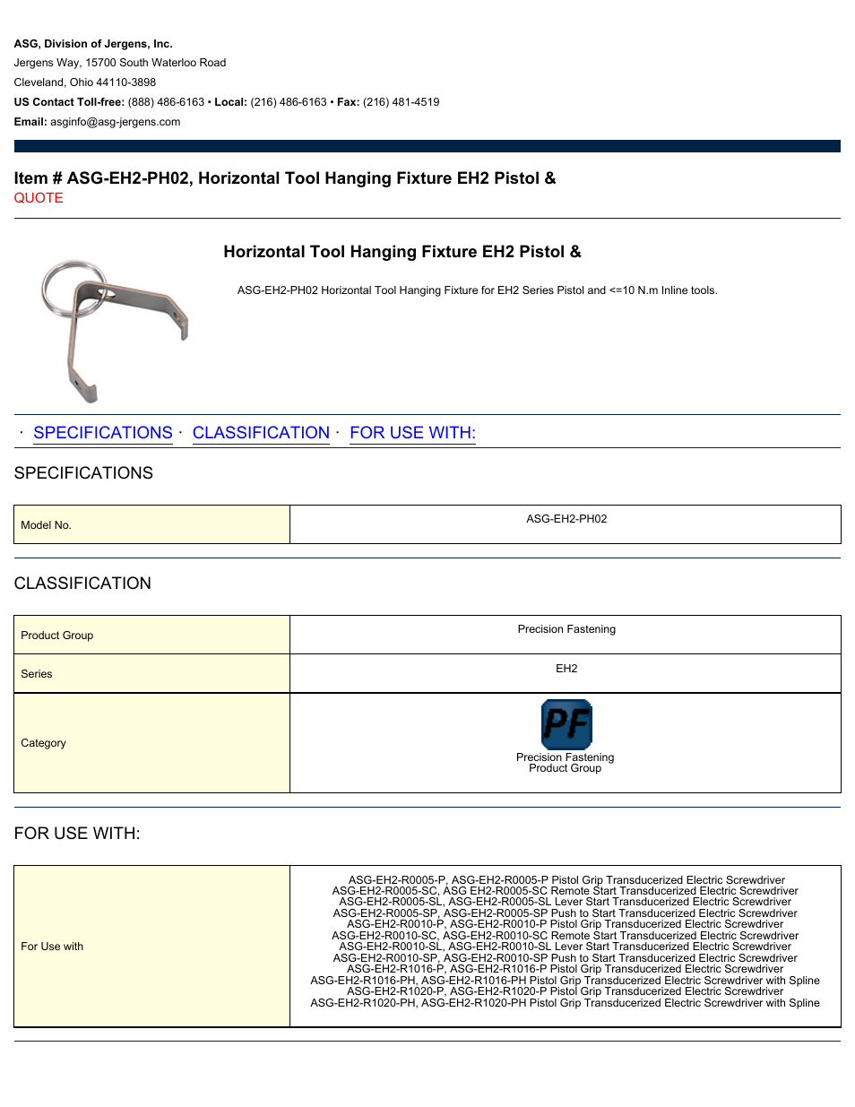 ASG Jergens ASG-EH2-PH02 Horizontal Tool Hanging Fixture User Manual | 1 page