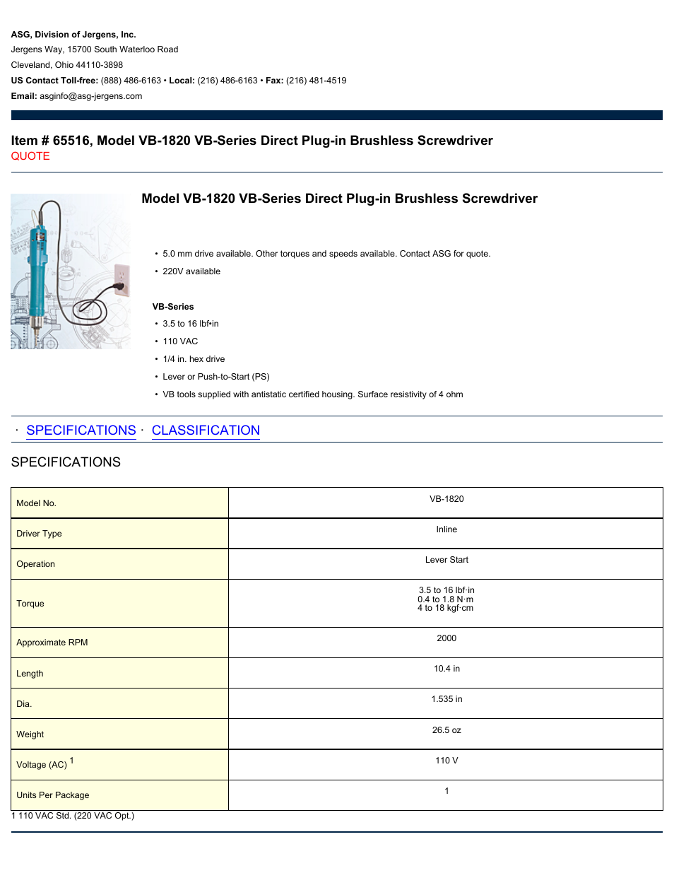 ASG Jergens 65516 VB-1820 User Manual | 2 pages