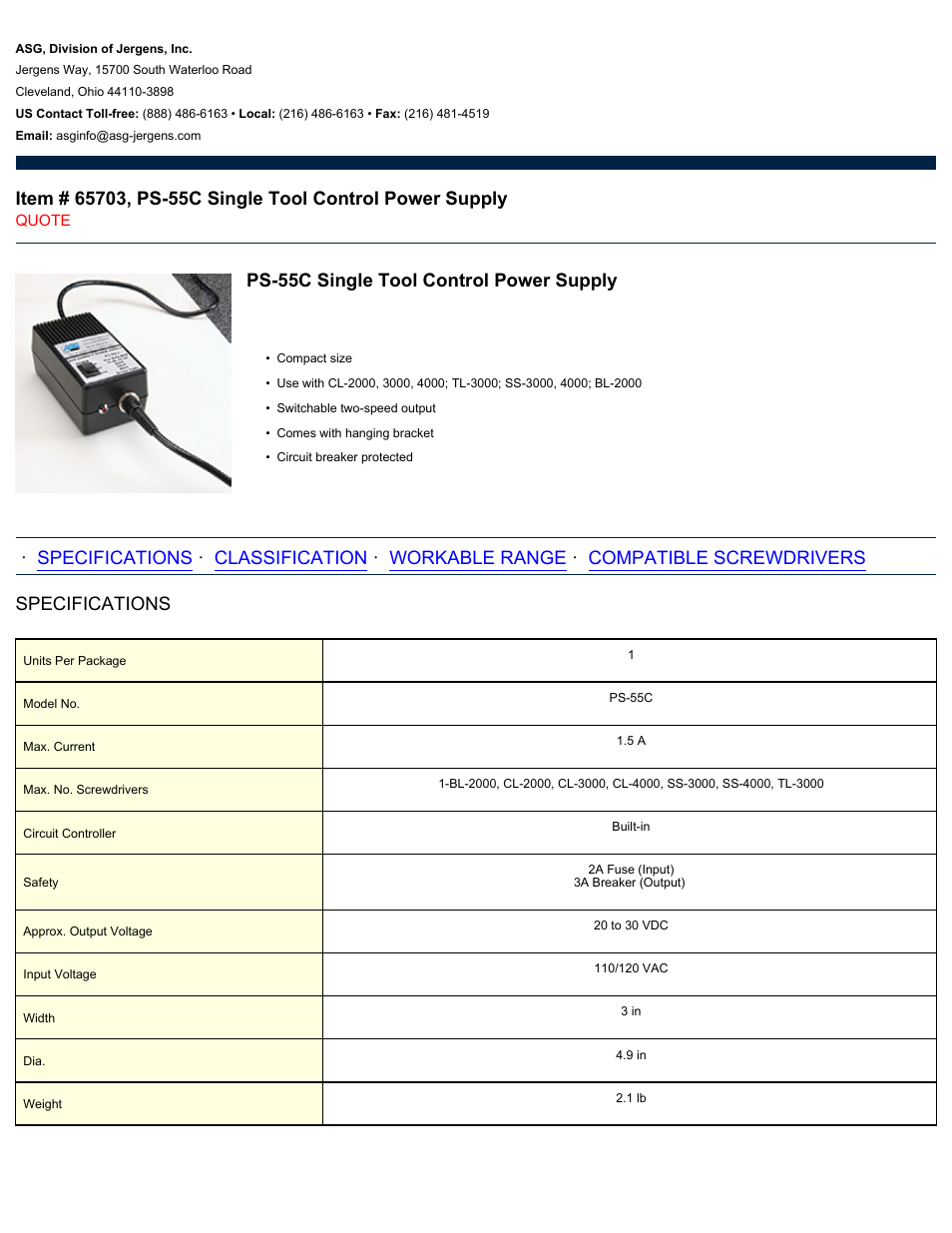 ASG Jergens 65703 PS-55C Single Tool Control Power Supply User Manual | 2 pages