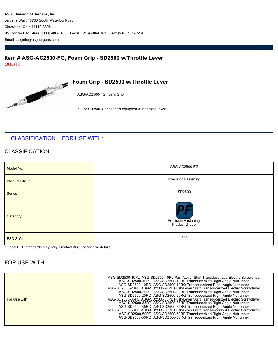 ASG Jergens ASG-AC2500-FG Foam Grip - SD2500 User Manual | 1 page