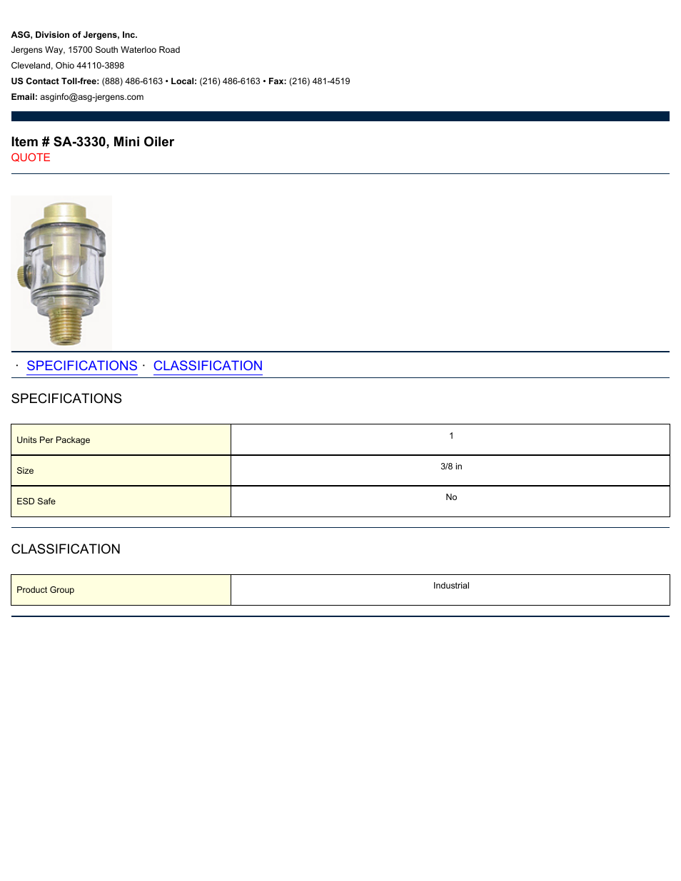 ASG Jergens SA-3330 Mini Oiler User Manual | 1 page