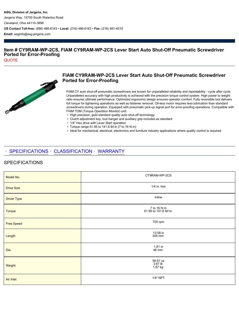 ASG Jergens CY9RAM-WP-2CS User Manual | 2 pages