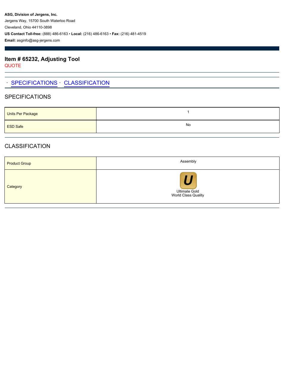 ASG Jergens 65232 Adjusting Tool User Manual | 1 page