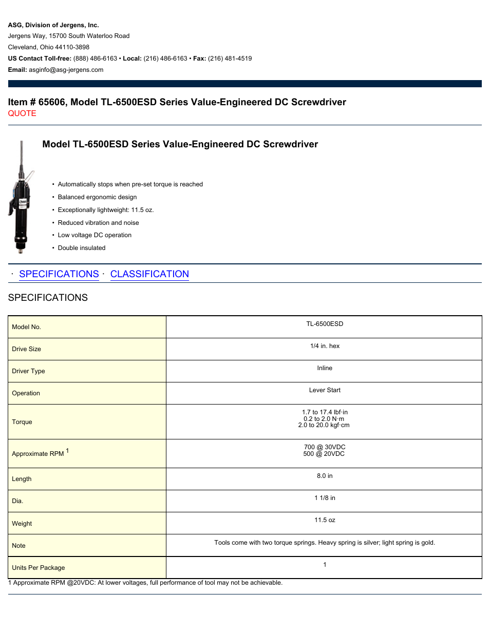 ASG Jergens 65606 TL-6500ESD User Manual | 2 pages