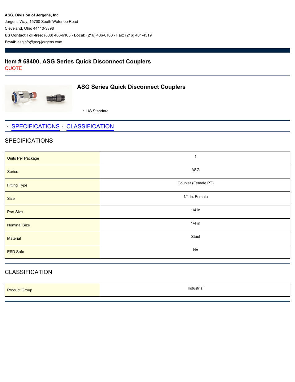 ASG Jergens 68400 ASG Series Quick Disconnect Couplers User Manual | 1 page