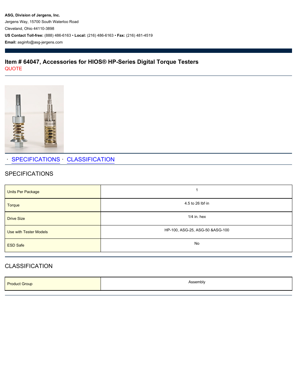 ASG Jergens 64047 Accessories for HIOS HP-Series User Manual | 1 page