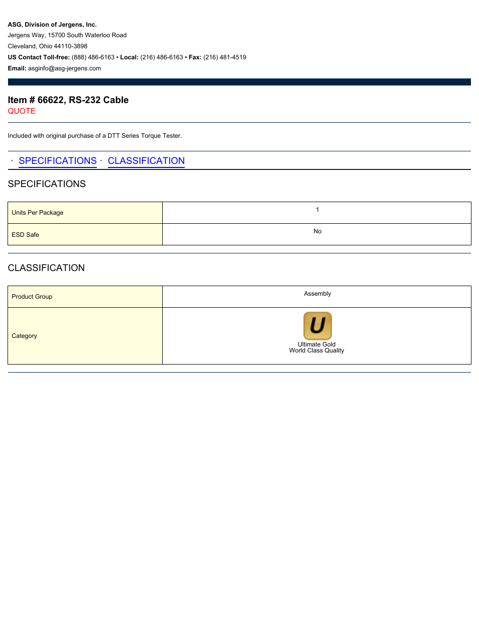 ASG Jergens 66622 RS-232 Cable User Manual | 1 page