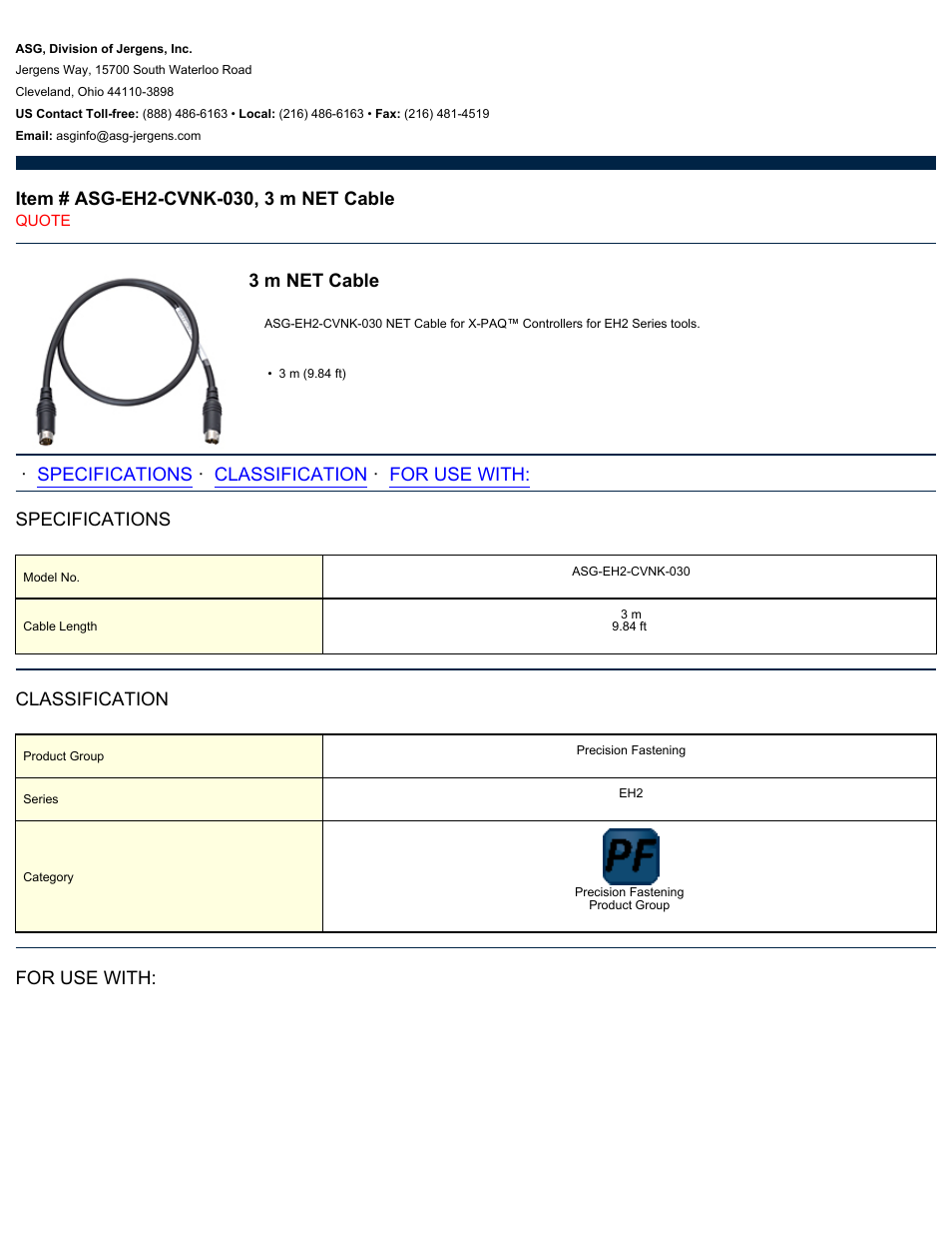 ASG Jergens ASG-EH2-CVNK-030 NET Cable User Manual | 2 pages