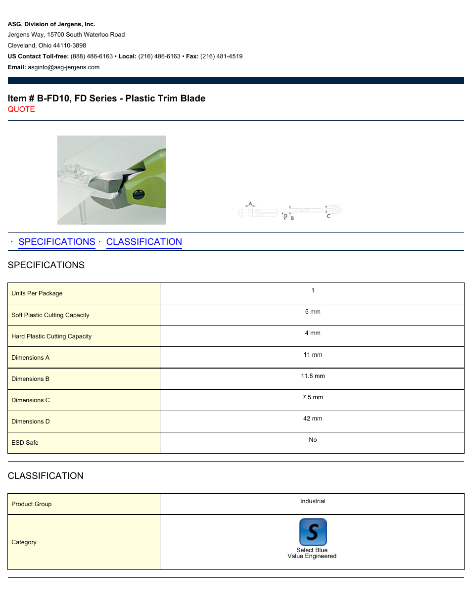 ASG Jergens B-FD10 FD Series - Plastic Trim Blade User Manual | 1 page