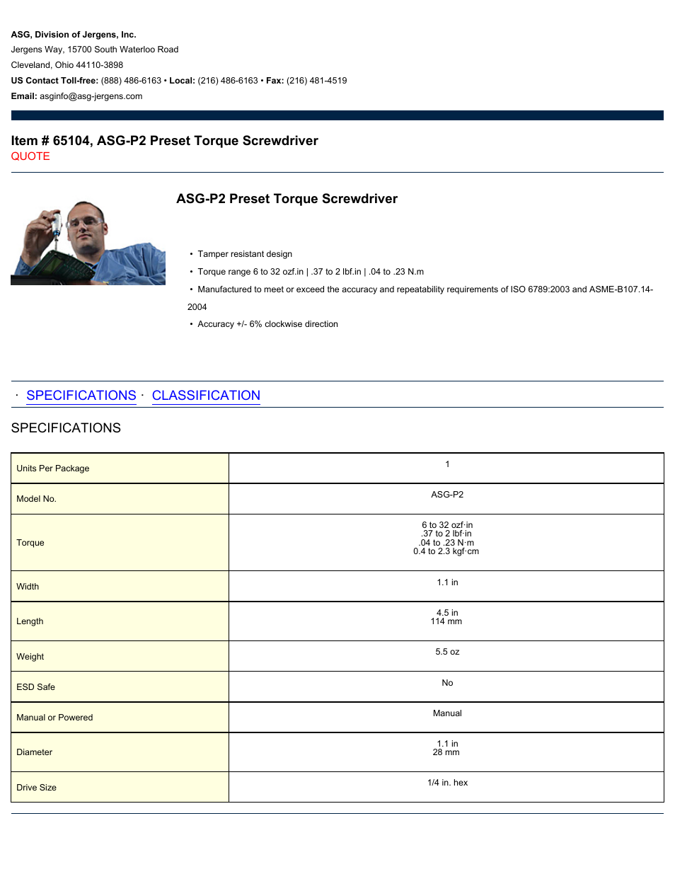 ASG Jergens 65104 ASG-P2 User Manual | 2 pages