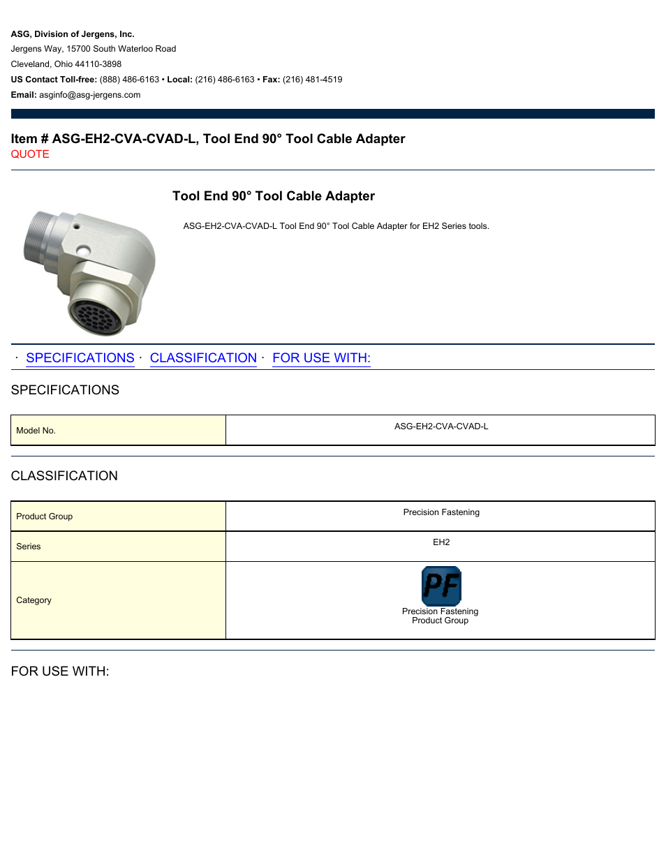 ASG Jergens ASG-EH2-CVA-CVAD-L Tool Cable Adapter User Manual | 2 pages