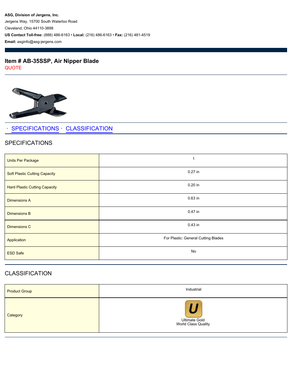 ASG Jergens AB-35SSP Air Nipper Blade User Manual | 1 page