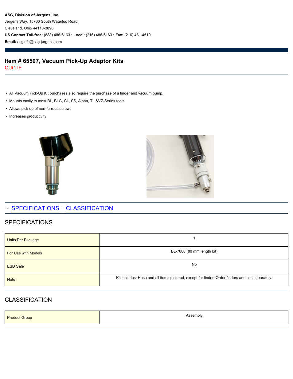 ASG Jergens 65507 Vacuum Pick-Up Adaptor Kits User Manual | 1 page