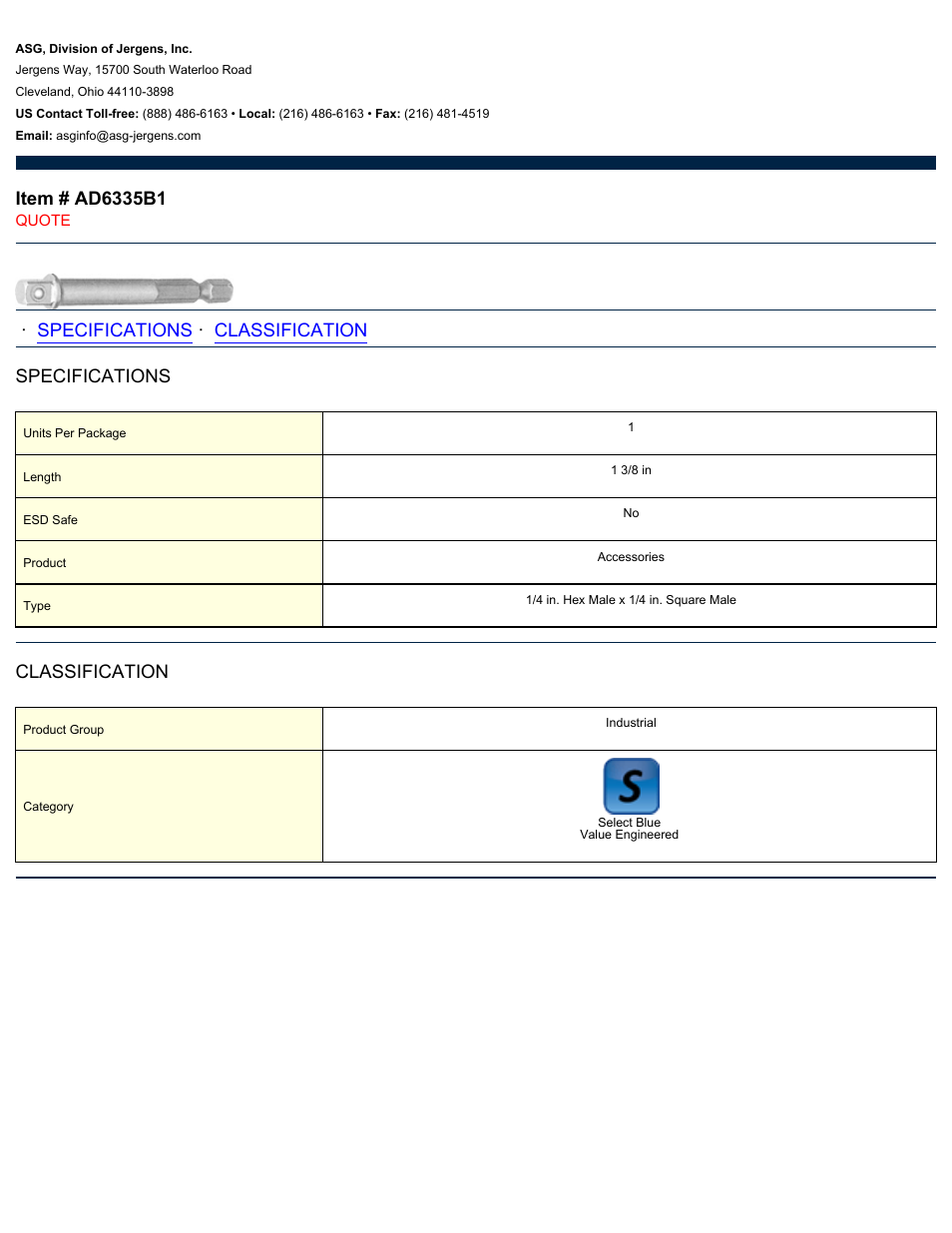 ASG Jergens AD6335B1 Socket Adapter User Manual | 1 page