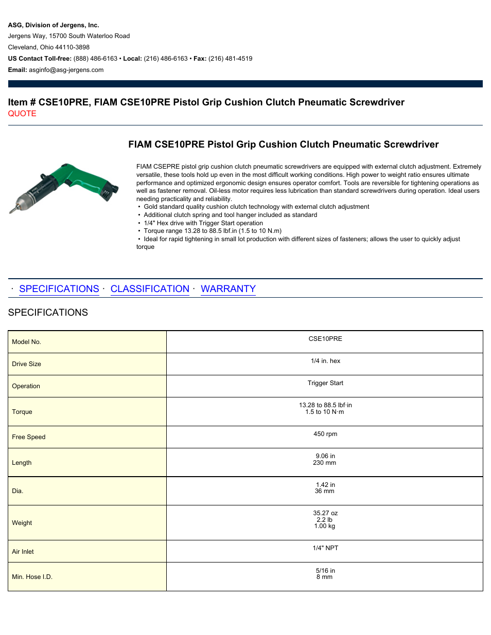 ASG Jergens CSE10PRE User Manual | 2 pages