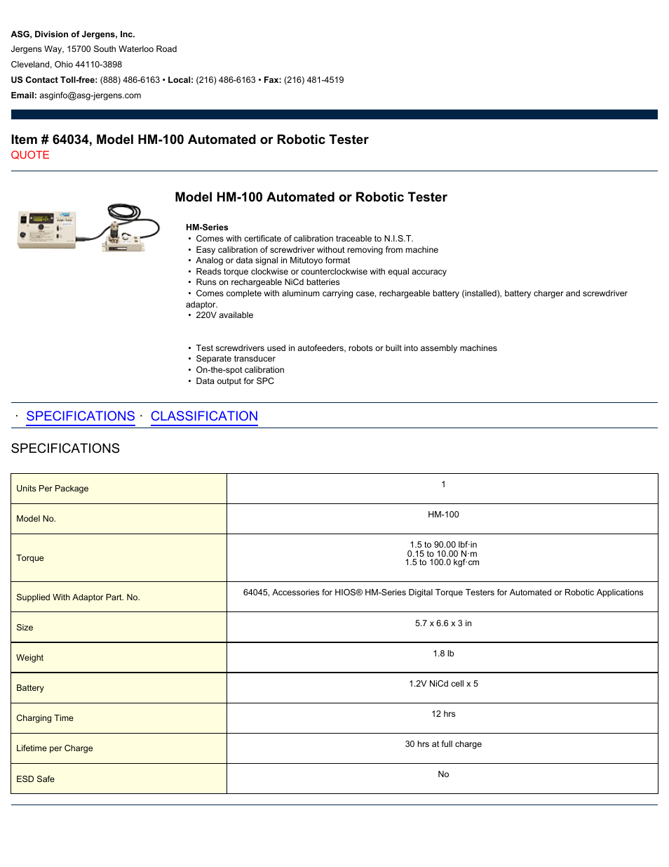 ASG Jergens 64034 HM-100 User Manual | 2 pages